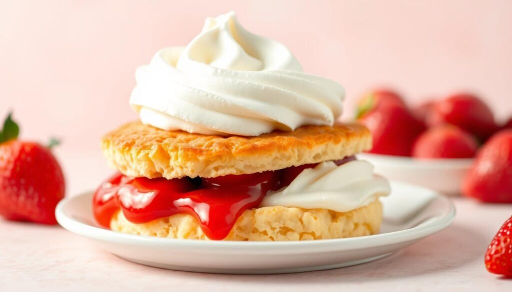A sumptuous, traditional strawberry shortcake with a golden, flaky biscuit base, topped with a generous layer of juicy, ripe strawberries and a dollop of lush, creamy whipped cream. The biscuit is freshly baked, with a light, tender crumb and a glistening, buttery exterior. The strawberries are vibrant red, their juices spilling over the sides, creating a delightful contrast with the creamy white of the whipped cream. The composition is set against a soft, pastel-colored background, evoking the warmth and sweetness of a summer day. Soft, diffused lighting illuminates the dessert, highlighting its inviting texture and flavors. The overall scene exudes a sense of classic, comforting nostalgia, perfectly capturing the essence of a timeless strawberry shortcake.