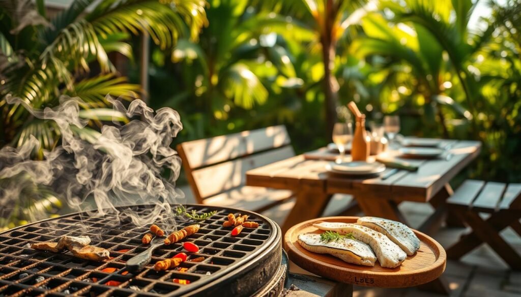 A sun-dappled backyard, smoke curling from a charcoal grill. In the foreground, a seasoned cast-iron grate glowing with embers, ready to sear a fresh catch. Beside it, a wooden platter holds a vibrant array of Caribbean spices and herbs. The middle ground reveals a weathered picnic table, set with rustic platters and glasses, inviting leisurely alfresco dining. In the background, lush tropical foliage frames the scene, evoking the breezy island atmosphere. The lighting is warm and natural, casting a golden glow that accentuates the textures of wood, metal, and crisp fish fillets. The overall mood is one of tradition, relaxation, and the celebration of fresh, locally-sourced ingredients.