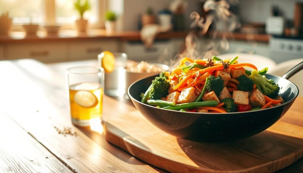 A sun-dappled kitchen with a wooden table, adorned with a vibrant vegetarian stir-fry dish. In the foreground, a steaming wok filled with a colorful medley of fresh vegetables - crisp broccoli florets, slender snow peas, julienned carrots, and tender tofu cubes. Aromatic herbs and spices infuse the air, creating a tantalizing aroma. In the middle ground, a glass of chilled water with a slice of lemon, and a side of whole-grain brown rice. The scene is bathed in warm, natural lighting, casting a gentle glow and highlighting the dish's textural details. The overall mood is one of nourishment, vitality, and culinary delight - a satisfying vegetarian meal fit for an athlete's well-being.
