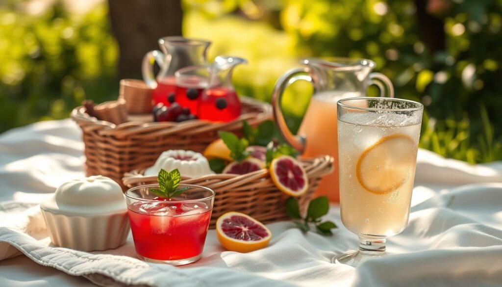 A sun-dappled picnic scene, with a woven basket overflowing with tender age delicacies - delicate milk custards, jewel-toned fruit jellies, and a pitcher of chilled, fragrant hibiscus tea. Soft, diffused lighting filters through the lush greenery, casting a warm, nostalgic glow. In the foreground, a glass of sparkling lemonade with a dusting of powdered sugar rests on a crisp, white linen tablecloth, inviting a refreshing sip. The composition evokes the carefree joy and sweetness of childhood memories, perfectly capturing the essence of "Timeless Refreshing Drinks". A sun-dappled picnic scene, with a woven basket overflowing with tender age delicacies - delicate milk custards, jewel-toned fruit jellies, and a pitcher of chilled, fragrant hibiscus tea. Soft, diffused lighting filters through the lush greenery, casting a warm, nostalgic glow. In the foreground, a glass of sparkling lemonade with a dusting of powdered sugar rests on a crisp, white linen tablecloth, inviting a refreshing sip. The composition evokes the carefree joy and sweetness of childhood memories, perfectly capturing the essence of "Timeless Refreshing Drinks".