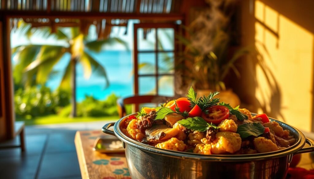 A sun-drenched Caribbean kitchen scene, with a table laden with a steaming pot of saltfish and callaloo stew. The dish is garnished with vibrant green callalloo leaves, sliced tomatoes, and fresh herbs. In the background, a window overlooks a lush tropical landscape, with swaying palm trees and a glimpse of azure ocean. Warm, golden lighting illuminates the scene, casting a cozy, inviting atmosphere. The camera angle is slightly elevated, capturing the full depth and richness of the traditional Caribbean flavors and presentation.