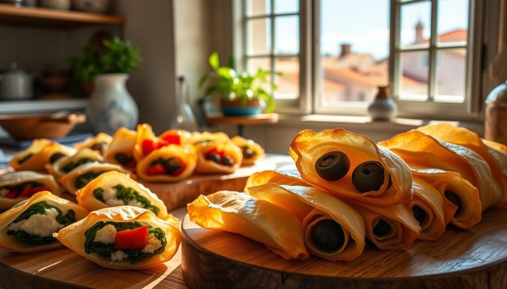 A sun-drenched Mediterranean kitchen filled with delicate phyllo dough appetizers. In the foreground, an array of flaky pastries stuffed with savory fillings - feta and spinach, roasted red peppers, and olives. Midground, a wooden board showcases hand-rolled phyllo rolls, their golden-brown layers glistening. Soft, natural lighting casts a warm glow, highlighting the intricate textures. In the background, a vintage window frames a vista of azure skies and terracotta rooftops. The scene exudes a delightful balance of rustic charm and culinary sophistication, inviting the viewer to savor these creative phyllo dough combinations.