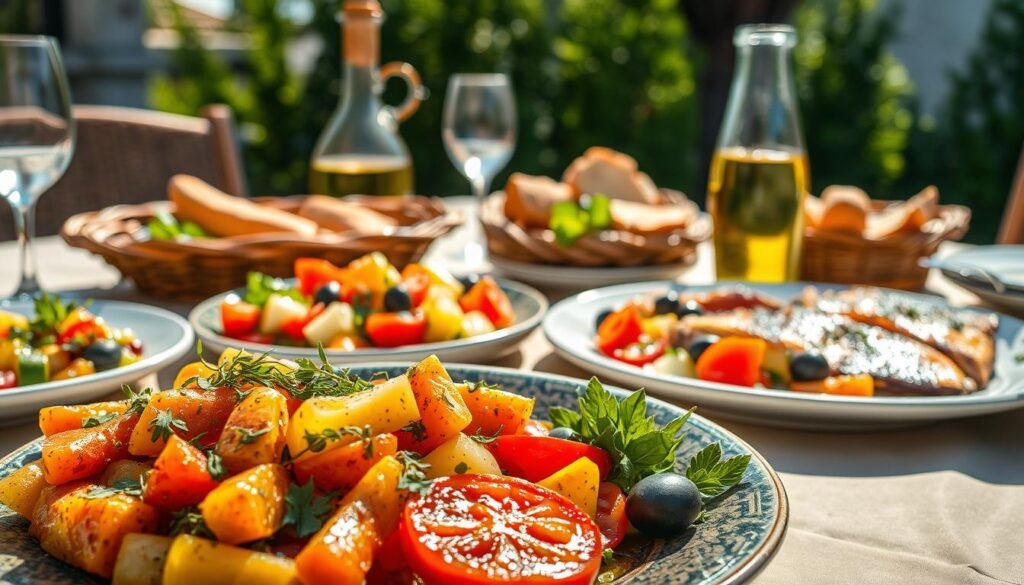 A sun-drenched Mediterranean table adorned with a feast of vibrant, freshly prepared dishes. In the foreground, a platter of grilled vegetables, drizzled with olive oil and sprinkled with fragrant herbs. Behind it, a main course of seared fish fillets, accompanied by a colorful salad of tomatoes, cucumbers, and olives. In the background, a glass carafe of chilled white wine and a basket of crusty bread, creating a warm, inviting atmosphere. The lighting is soft and natural, casting a golden glow over the scene, capturing the essence of a delectable Mediterranean dinner.