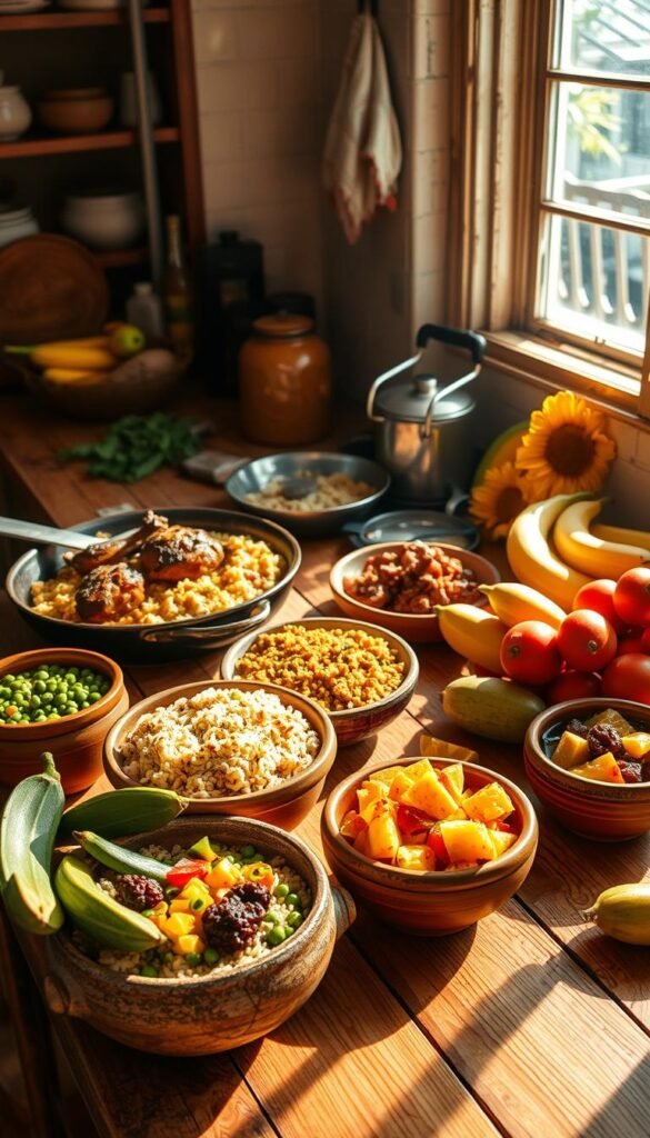 A sun-drenched kitchen counter overflowing with vibrant Caribbean dishes - jerk chicken sizzling on a skillet, fragrant rice and peas, colorful plantains, and a medley of tropical fruits. Soft natural lighting filters through the open window, casting warm shadows on the rustic wooden table. Earthenware bowls brimming with fresh, boldly seasoned ingredients evoke the lively flavors of the islands. The scene exudes a sense of laid-back, homespun authenticity, inviting the viewer to savor the simple, yet captivating essence of Caribbean cuisine.