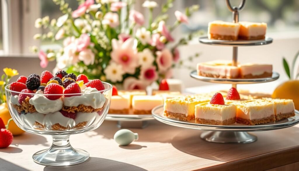 A sun-drenched table adorned with an array of delectable no-bake Easter desserts. In the foreground, an elegant glass trifle dish filled with fluffy layers of whipped cream, crumbled graham crackers, and vibrant fresh berries. Beside it, a platter of pastel-hued mini cheesecakes, their silky smooth texture glistening under soft, natural lighting. In the middle ground, a tiered stand showcases delicate lemon-infused no-bake bars, their golden crust contrasting beautifully with the zesty filling. The background features a lush, verdant floral arrangement, its blooming flowers echoing the fresh, springtime feel of the desserts. Warm, ambient lighting casts a gentle glow, creating an inviting and visually stunning display of effortless, no-bake Easter indulgence.