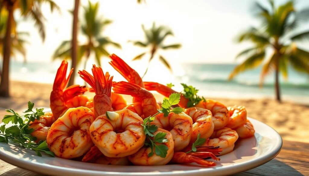 A sun-drenched tropical beach, golden sand and swaying palm trees. In the foreground, a plate of freshly grilled Caribbean shrimp, glistening with a tantalizing marinade of lime, garlic, and fragrant spices. The shrimp are arranged artfully, their vibrant orange-pink hues contrasting beautifully with the verdant greens of fresh herbs. In the background, a breathtaking ocean view, the waves lapping gently against the shore. The lighting is warm and inviting, creating a mood of relaxation and indulgence. A perfect representation of the "Grilled Shrimp Delights" section in the article "Caribbean Shrimp Magic: Quick Island Flavors."