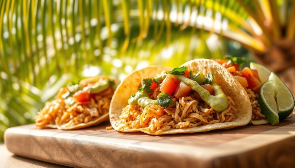 A sun-drenched tropical scene of saltfish tacos, their soft corn tortillas brimming with flavorful shredded saltfish, vibrant pico de gallo, and a drizzle of creamy avocado sauce. In the foreground, the tacos are served on a rustic wooden board, accompanied by a wedge of lime and a sprinkle of fresh cilantro. The middle ground features a lush, verdant background of palm fronds swaying gently in a warm Caribbean breeze. Soft, diffused lighting casts a golden glow, evoking a sense of warmth and relaxation. The overall composition captures the perfect balance of traditional Caribbean flavors and the familiar comfort of tacos, creating a mouthwatering and visually enticing scene.