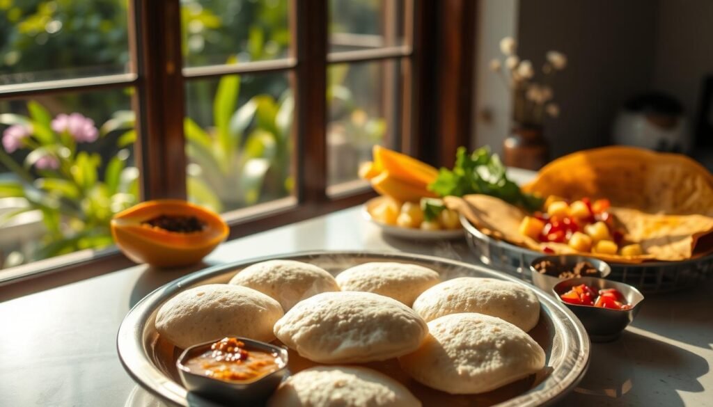 A sunlit kitchen counter showcases an array of vibrant Indian vegetarian breakfast dishes. In the foreground, a gleaming steel thali holds steaming idli, fluffy dosa, and chutneys in small bowls. In the middle ground, a platter of freshly chopped fruits - papaya, pineapple, and pomegranate seeds - adds pops of color. The background features a window overlooking a lush green garden, with warm natural light casting a soft glow over the scene. The overall mood is one of nourishment, wellness, and the comforting flavors of traditional Indian cuisine.