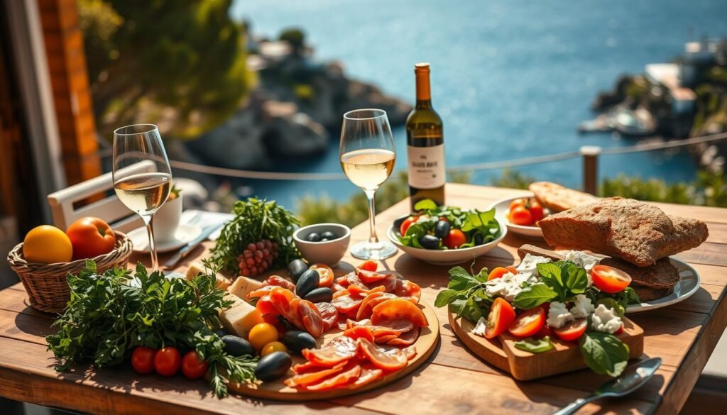A sunny, Mediterranean-style outdoor scene with a large wooden table set with a variety of delicious-looking lunch dishes. In the foreground, fresh vegetables, herbs, and a charcuterie board with cured meats, olives, and crusty bread. In the middle ground, a glass of chilled white wine and a colorful salad with greens, tomatoes, and feta cheese. In the background, a view of the sparkling azure sea and a picturesque coastal village nestled on a hillside. The lighting is warm and natural, casting a golden glow over the scene. The overall atmosphere is one of relaxation, flavor, and the joy of sharing a simple, yet nourishing Mediterranean-inspired lunch.