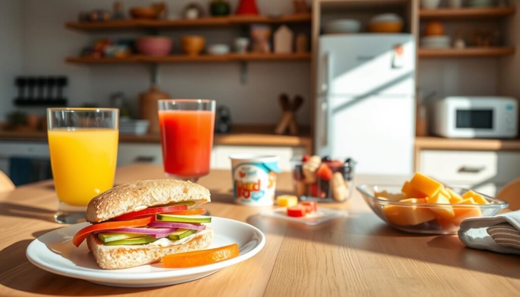 A sunny, cheerful kitchen scene with a wooden table set for a quick and nourishing kid's lunch. In the foreground, a plate features a delicious sandwich with colorful sliced veggies, a small handful of grapes, and crunchy carrot sticks. Beside it, a colorful glass of fresh juice and a small container of yogurt with fresh berries. The middle ground showcases a bowl of fresh fruit salad and a plate of cheese cubes. In the background, kitchen appliances and shelves with snacks and lunch boxes create a welcoming, casual atmosphere. Warm, natural lighting and a pastel color palette evoke a sense of comfort and ease.