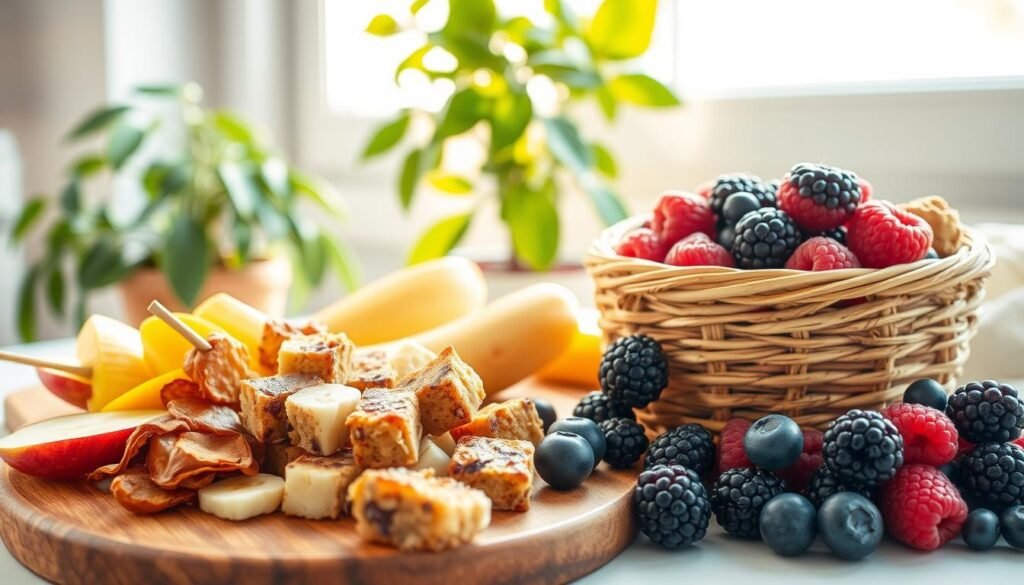 A sunny, cheerful still life composition showcasing a variety of wholesome, fruit-based snacks. In the foreground, a wooden board is laden with sliced apples, dried mango strips, skewered grapes, and bite-sized banana bread chunks. The middle ground features a woven rattan bowl brimming with plump, juicy berries - raspberries, blueberries, and blackberries. In the background, a lush potted plant and a window frame let in warm, natural light, casting a soft, golden glow over the scene. The overall mood is fresh, healthy, and invitingly delicious, perfect for an energizing snack. A sunny, cheerful still life composition showcasing a variety of wholesome, fruit-based snacks. In the foreground, a wooden board is laden with sliced apples, dried mango strips, skewered grapes, and bite-sized banana bread chunks. The middle ground features a woven rattan bowl brimming with plump, juicy berries - raspberries, blueberries, and blackberries. In the background, a lush potted plant and a window frame let in warm, natural light, casting a soft, golden glow over the scene. The overall mood is fresh, healthy, and invitingly delicious, perfect for an energizing snack.