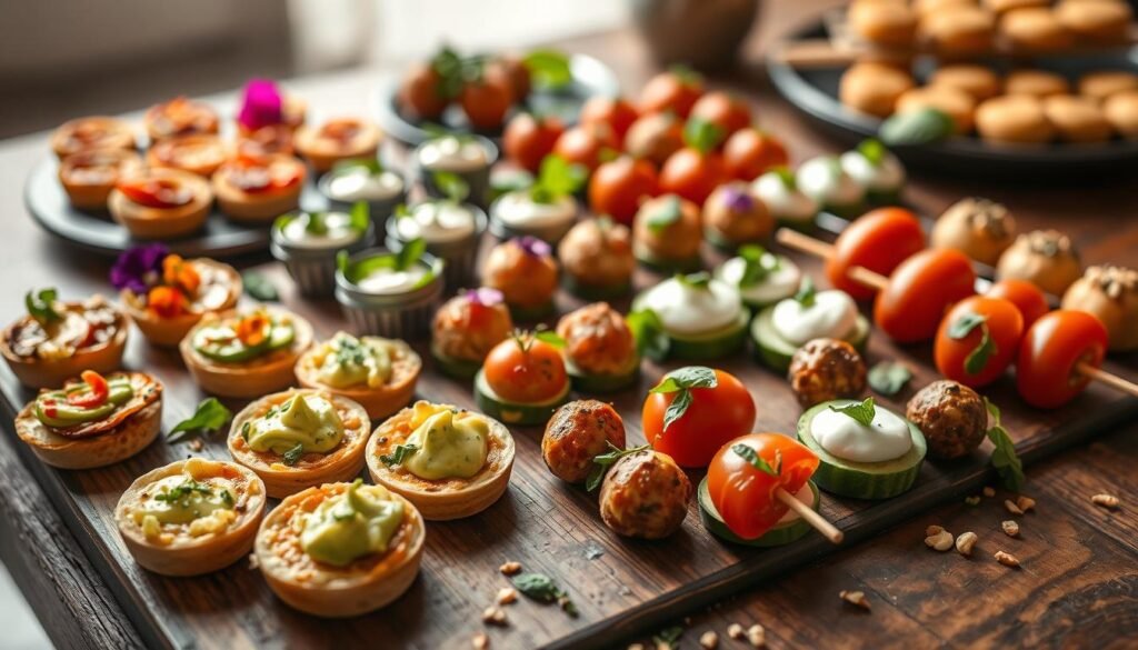A table filled with an assortment of tempting gluten-free finger foods, artfully arranged on a rustic wooden surface. In the foreground, delicate vegetable crostini, savory mini quiches, and creamy avocado bites beckon. The middle ground features protein-packed mini meatballs, tangy tzatziki-topped cucumber rounds, and vibrant tomato and basil skewers. Garnished with fresh herbs, edible flowers, and a scattering of toasted nuts, the display exudes a sense of sophisticated, yet approachable, elegance. Soft, diffused lighting casts a warm glow, highlighting the natural textures and colors of the diverse selection. The overall atmosphere evokes a cozy, welcoming gathering where guests can indulge in delicious, gluten-free finger foods with ease.