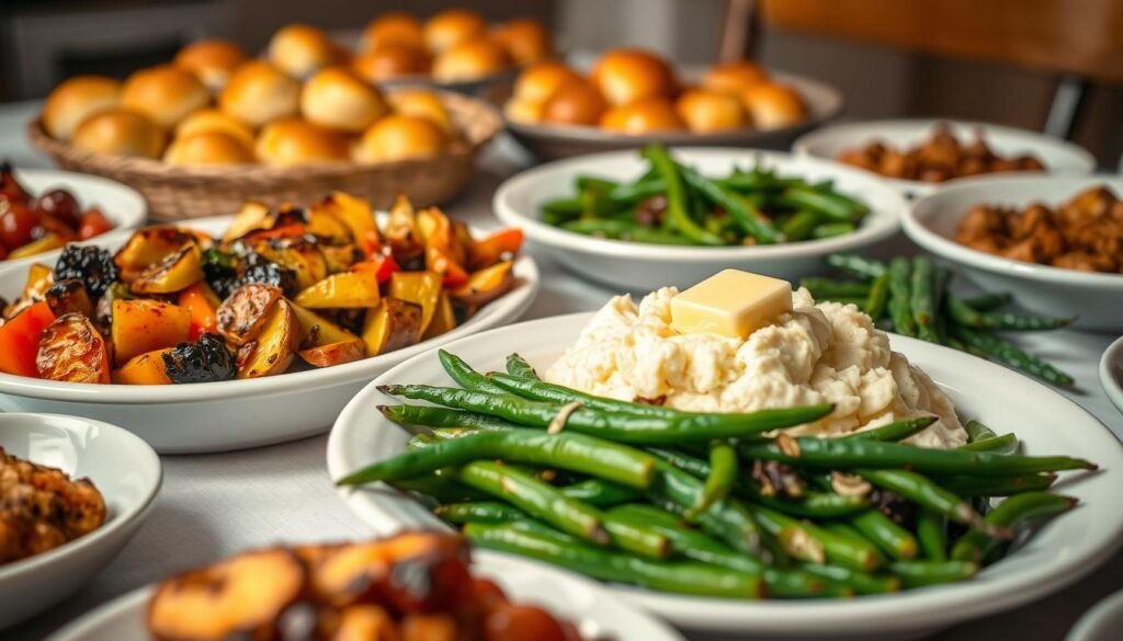 A table laden with an array of delectable side dishes, meticulously arranged to complement the main course of an Easter feast. In the foreground, a vibrant medley of roasted vegetables, their crisp edges caramelized to perfection under the warm glow of soft, diffused lighting. Midground, fluffy mashed potatoes crowned with a pat of melted butter, alongside vibrant green beans sautéed with garlic and shallots. In the background, a scatter of tender, buttery dinner rolls, their golden-brown crusts inviting the diner to indulge. The scene exudes a sense of warmth, comfort, and culinary artistry, setting the stage for an unforgettable Easter dining experience. A table laden with an array of delectable side dishes, meticulously arranged to complement the main course of an Easter feast. In the foreground, a vibrant medley of roasted vegetables, their crisp edges caramelized to perfection under the warm glow of soft, diffused lighting. Midground, fluffy mashed potatoes crowned with a pat of melted butter, alongside vibrant green beans sautéed with garlic and shallots. In the background, a scatter of tender, buttery dinner rolls, their golden-brown crusts inviting the diner to indulge. The scene exudes a sense of warmth, comfort, and culinary artistry, setting the stage for an unforgettable Easter dining experience.