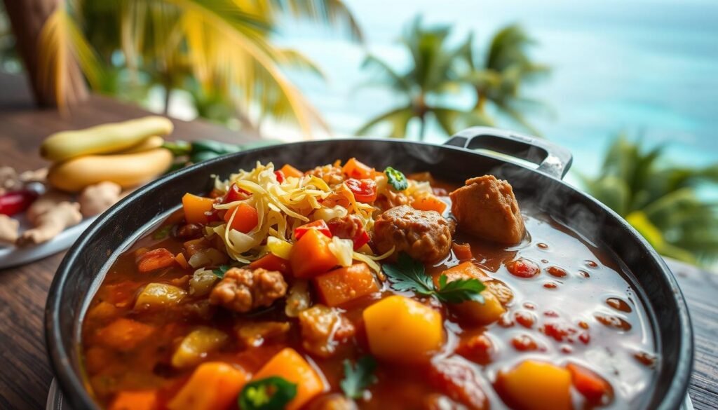A tantalizing one-pot Caribbean cabbage dish simmers with aromatic spices, tender meat, and vibrant vegetables. The foreground showcases a steaming cast-iron pot filled with a rich, flavourful stew, topped with shredded cabbage, carrots, and potatoes. In the middle ground, fresh ingredients like habanero peppers, thyme, and ginger add depth of flavour. The background features a lush tropical setting, with swaying palm trees and a glimpse of the azure Caribbean Sea. Warm, diffused lighting casts a cozy, inviting glow, evoking the comforting essence of this authentic Caribbean culinary delight.