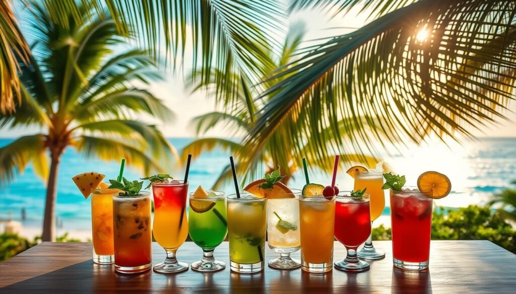 A tropical paradise filled with an array of vibrant, chilled beverages. In the foreground, a collection of refreshing cocktails with colorful garnishes, such as pineapple slices, mint sprigs, and citrus twists, resting on a smooth wooden tabletop. In the middle ground, lush palm fronds sway gently, casting a soft, dappled light over the scene. The background features a tranquil coastal landscape, with a sparkling azure ocean and a stunning sunset sky ablaze with warm hues. The overall mood is one of relaxation, rejuvenation, and a refreshing escape from the daily grind.