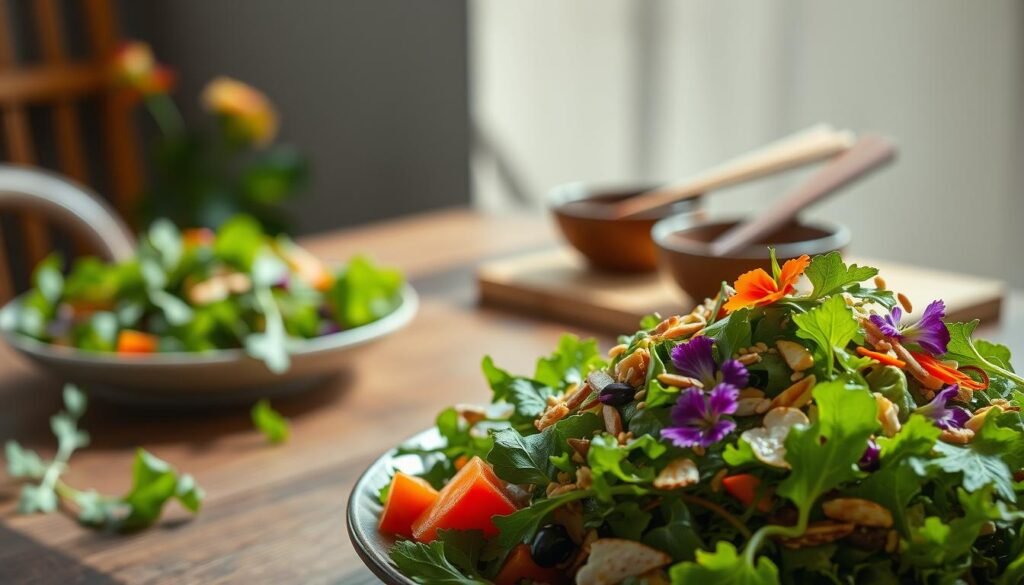 A vibrant Asian-inspired dinner salad scene, captured in natural lighting with a soft, diffused glow. In the foreground, an artfully arranged salad overflows with fresh greens, crisp vegetables, and delicate edible flowers. Toasted sesame seeds, slivered almonds, and a drizzle of sesame-ginger dressing add texture and flavor. The middle ground features a wooden table, with a set of elegant serving bowls and chopsticks, hinting at the rich, umami-forward main courses. In the background, a minimalist, zen-inspired backdrop of soothing, earthy tones and gentle shadows, creating a calming, harmonious atmosphere.