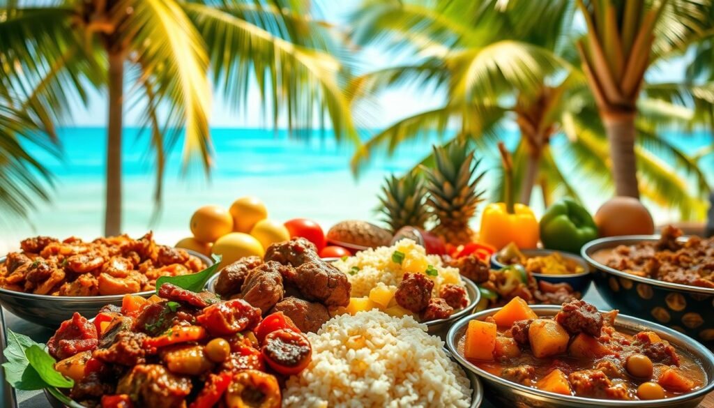 A vibrant Caribbean feast, bathed in warm tropical sunlight, set against a lush island backdrop. In the foreground, a variety of mouthwatering main dishes, including spicy jerk chicken, savory curry goat, fragrant rice and peas, and simmering fish stew. The middle ground features fresh tropical produce - ripe mangoes, pineapples, and vibrant bell peppers. In the background, swaying palm trees and a turquoise ocean horizon. Soft, diffused lighting casts an inviting glow, evoking the laid-back, flavorful essence of the Caribbean. The composition is carefully balanced, drawing the eye to the delectable main courses, the vibrant colors, and the serene island setting.