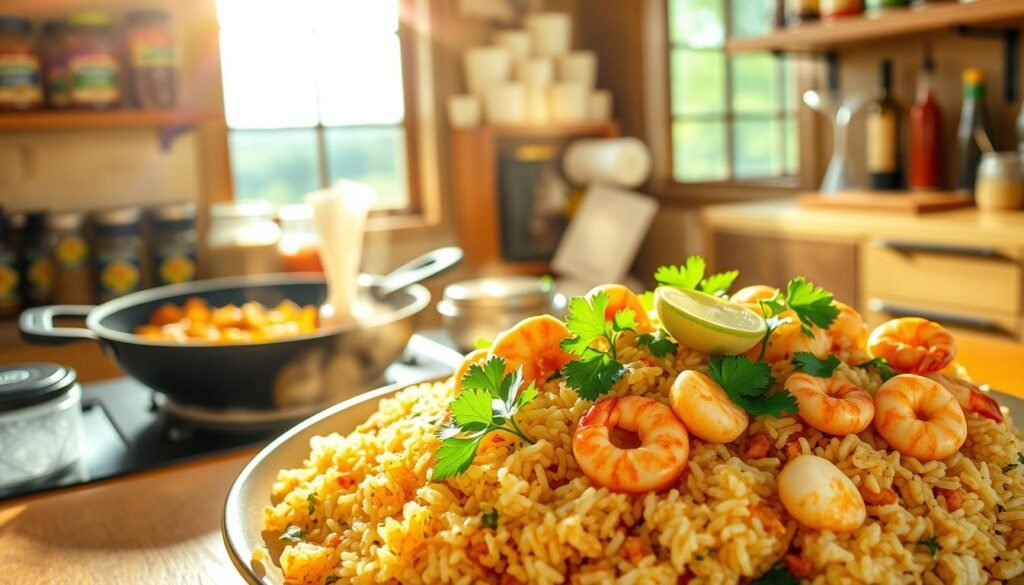 A vibrant Caribbean feast of rice and seafood, captured in a warm, sun-drenched kitchen. In the foreground, a steaming plate of fragrant rice mingled with plump shrimp, tender scallops, and morsels of succulent crab, garnished with fresh cilantro and a squeeze of zesty lime. In the middle ground, a cast-iron skillet sizzles with sautéed onions, peppers, and aromatic spices, while in the background, shelves overflow with jars of exotic seasonings and a window frames a lush, tropical landscape beyond. The scene is bathed in a golden afternoon glow, conveying the rich, flavorful essence of authentic Caribbean cuisine.