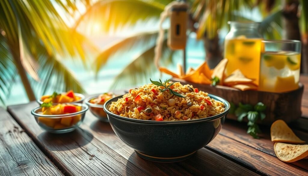 A vibrant Caribbean feast unfolds on a rustic wooden table. In the foreground, a steaming bowl of aromatic vegetarian rice, infused with fragrant spices and colorful vegetables. Surrounding it, a selection of traditional Caribbean side dishes - lush mango salsa, crisp plantain chips, and a refreshing pineapple-infused water. Overhead, warm, natural lighting casts a soft glow, highlighting the rich hues and textures. In the background, a lush tropical scene with swaying palm fronds and a glimpse of turquoise waters beckons, evoking the sun-drenched island vibe. This captivating scene invites the viewer to savor the flavors of the Caribbean, celebrating the vibrant, vegetarian-friendly culinary traditions.