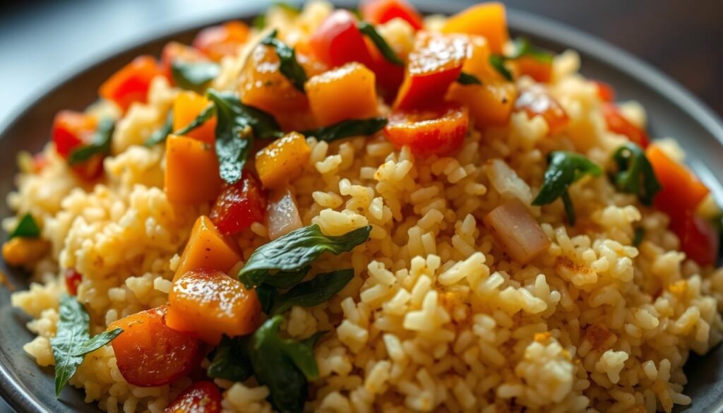 A vibrant Caribbean-inspired cauliflower rice dish, beautifully plated with a generous serving of sautéed vegetables, including diced bell peppers, onions, and shredded greens. The cauliflower rice is fluffy and evenly cooked, with a subtle hint of spices like cumin and turmeric, creating a warm, earthy color palette. The dish is illuminated by soft, natural lighting, capturing the dish's fresh and healthy appearance. The composition emphasizes the textures and colors, creating a visually appealing and appetizing scene that invites the viewer to savor the dish's nourishing qualities.