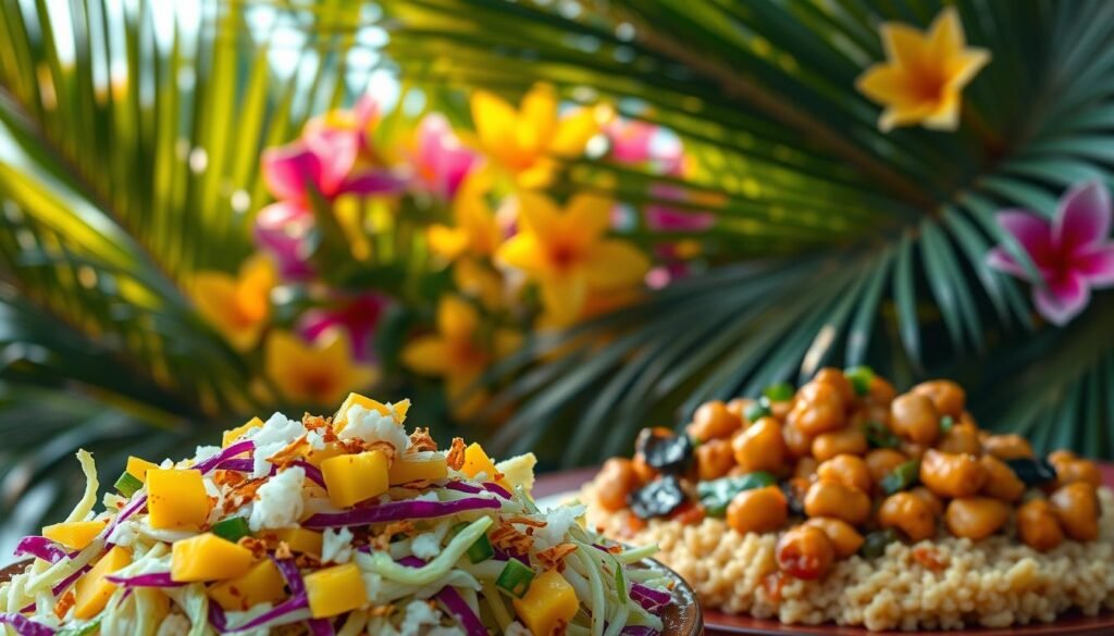 A vibrant Caribbean-inspired scene featuring an assortment of vegan cabbage recipes. In the foreground, a colorful slaw with shredded purple and green cabbage, diced mango, toasted coconut flakes, and a drizzle of tangy lime dressing. In the middle ground, a hearty plantain and chickpea curry with garlic, ginger, and warm spices, served over a bed of steamed callaloo. In the background, lush tropical foliage with palm fronds and vibrant blooms, illuminated by warm, golden natural lighting. The overall mood is fresh, flavorful, and plant-based, capturing the essence of Caribbean cuisine.