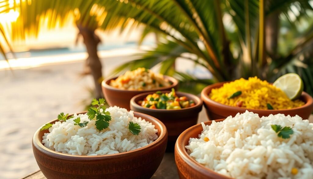A vibrant Caribbean-inspired scene of coconut rice dishes. In the foreground, a steaming bowl of aromatic coconut rice, garnished with fresh cilantro and lime wedges. In the middle ground, additional rice dishes in terracotta bowls, showcasing variations such as coconut-infused rice with peas and carrots, or coconut-infused yellow rice with sautéed peppers and onions. The background features lush tropical foliage, palm fronds, and a glimpse of a sandy beach under a warm, golden-hued sunset. The lighting is soft and diffused, creating a soothing, inviting atmosphere. The overall composition emphasizes the rich, creamy textures and vibrant colors of the coconut-based Caribbean rice recipes.