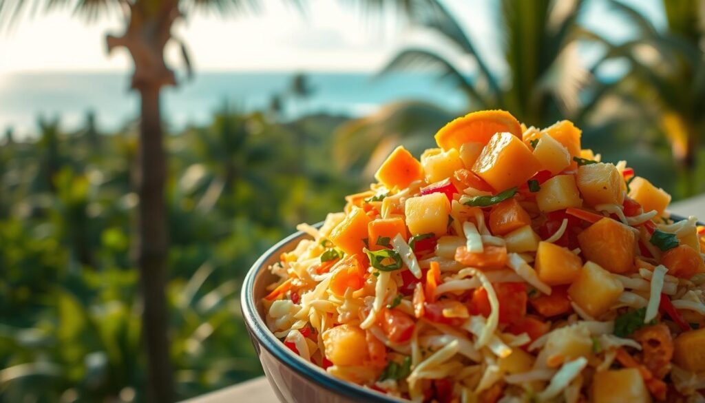 A vibrant Caribbean-inspired slaw with a lush, tropical vibe. In the foreground, a bowl overflows with a colorful mix of shredded cabbage, carrots, and bell peppers, drizzled with a creamy, tangy dressing. Mandarin orange slices and diced pineapple add pops of citrus sweetness. Warm lighting casts a golden glow, highlighting the dish's rich textures and vibrant hues. In the background, a lush, verdant landscape with swaying palm trees and a glimpse of a turquoise sea sets the scene. The overall mood is one of refreshing, island-inspired delight.