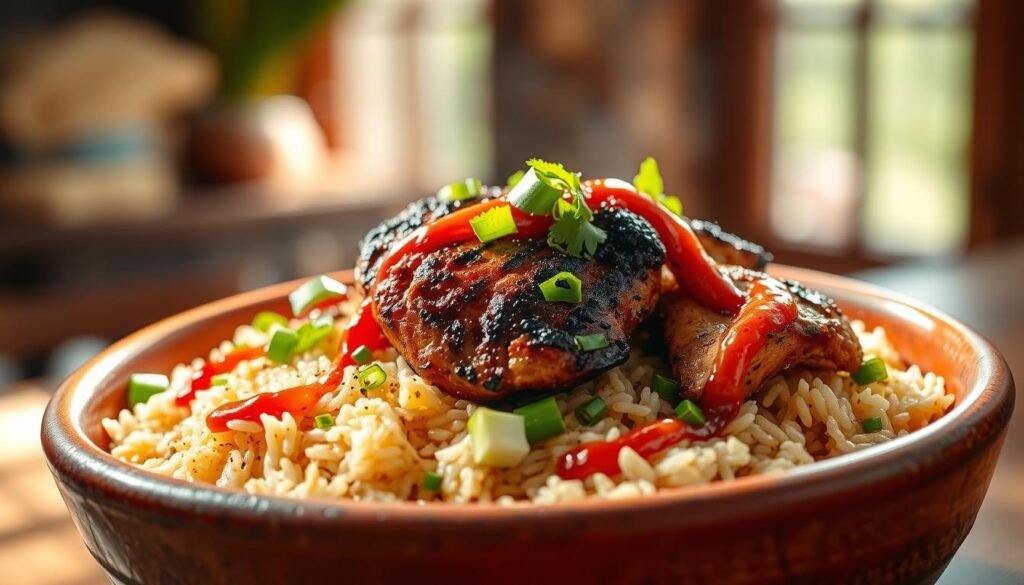 A vibrant Caribbean rice dish with a fiery kick, seen in a rustic earthenware bowl. Fluffy long-grain rice is infused with the smoky-sweet aroma of scotch bonnet peppers, fresh thyme, and aromatic spices. Seared jerk chicken pieces rest atop the rice, their charred edges glistening. Sliced scallions, chopped cilantro, and a drizzle of vibrant red sauce add pops of color and flavor. Sunlight streams in through a window, casting a warm glow over the scene. The mood is bold, spicy, and unapologetically Caribbean.