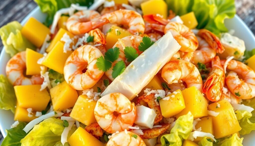 A vibrant Caribbean seafood salad overflows with sun-kissed ingredients. Crisp romaine lettuce forms the lush base, dotted with juicy mango chunks, sweet pineapple slices, and tender shredded coconut. Translucent shrimps, flaky white fish fillets, and succulent crab meat are artfully arranged, glistening under warm tropical light. The salad is drizzled with a zesty lime vinaigrette, accented by aromatic cilantro and a sprinkle of toasted coconut flakes. The overall scene evokes the lush, bountiful flavors of the Caribbean, evoking a sense of freshness and wellbeing.