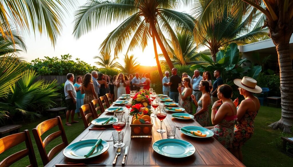 A vibrant Caribbean-themed dinner party set in a lush tropical backyard. The foreground features a long wooden table adorned with colorful plates, glasses, and napkins, with fresh tropical fruit and flowers as centerpieces. In the middle ground, guests mingle while sipping fruity cocktails and enjoying the rhythmic beats of a steel drum band. The background showcases a gently swaying palm tree canopy, with the setting sun casting a warm, golden glow over the scene. The overall atmosphere is one of relaxation, joy, and the vibrant energy of the Caribbean.