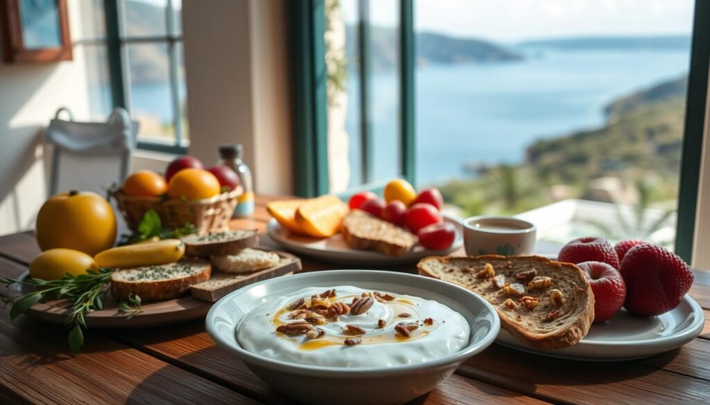A vibrant Mediterranean breakfast scene, captured in a warm, natural light. In the foreground, a wooden table is laid with a variety of colorful dishes - fresh fruits, whole-grain toast with olive oil and herbs, a bowl of Greek yogurt topped with toasted nuts and honey. In the middle ground, a window frames a picturesque view of the coast, with blue waters and lush, rolling hills in the distance. The atmosphere is serene and inviting, evoking the relaxed, healthy lifestyle of the Mediterranean region. The image is shot with a wide-angle lens, creating a sense of depth and bringing the viewer into the scene.