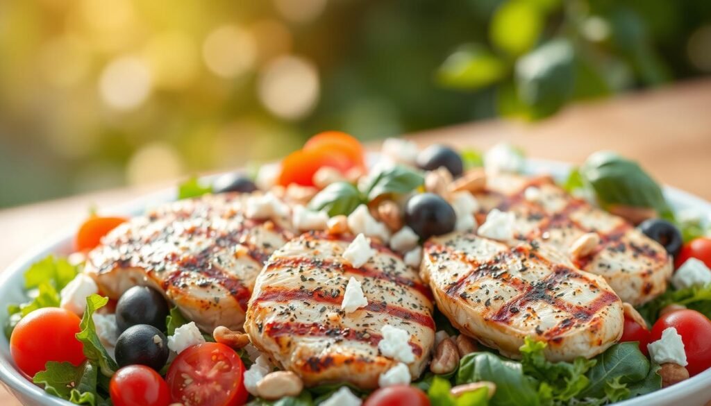 A vibrant Mediterranean chicken salad, bursting with color and flavor. In the foreground, tender grilled chicken breasts, seasoned with aromatic herbs and spices, are arranged atop a bed of crisp mixed greens. Scattered around the chicken are juicy cherry tomatoes, tangy kalamata olives, and crumbled feta cheese. In the middle ground, a scattering of toasted pine nuts and fresh basil leaves add texture and depth. The background is a soft, hazy scene, evoking the warm, sun-drenched ambiance of the Mediterranean. Soft, natural lighting casts a gentle glow over the entire composition, creating a visually appealing and appetizing scene.
