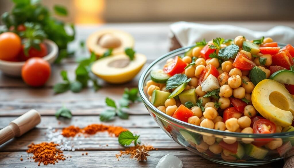 A vibrant Mediterranean chickpea salad, overflowing with fresh ingredients. In the foreground, a large bowl filled with cooked chickpeas, sliced avocado, juicy tomatoes, crisp cucumbers, and aromatic herbs like parsley and mint. Drizzled with a tangy lemon-olive oil dressing, the salad glistens under warm, natural lighting. In the middle ground, a scattered array of spices and seasonings - paprika, cumin, and a sprinkle of sea salt. The background features a simple, rustic wooden table with a linen napkin, suggesting a casual, al fresco dining setting. The overall mood is one of bright, summery freshness, capturing the vibrant flavors of the Mediterranean.
