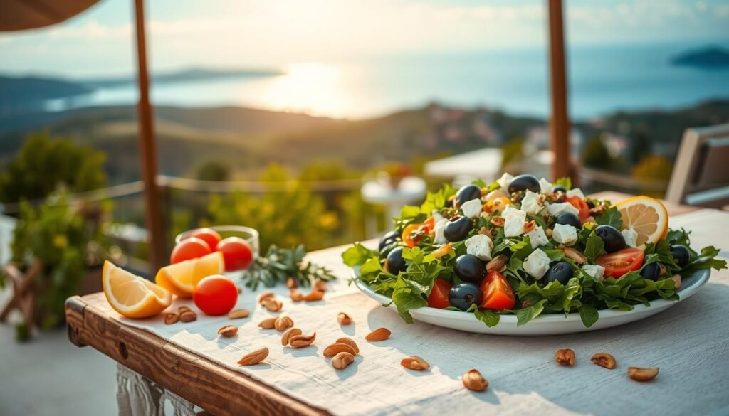 A vibrant Mediterranean-inspired dinner salad scene, set against a warm, sun-drenched backdrop. In the foreground, an artfully arranged salad featuring a bountiful mix of fresh greens, juicy tomatoes, briny olives, creamy feta, and a drizzle of fragrant olive oil. Surrounding the salad, a scattering of lemon wedges, fresh herbs, and toasted pine nuts add pops of color and texture. In the middle ground, a rustic wooden table, adorned with a crisp white linen, sets the stage for this al fresco dining experience. The background depicts a quintessential Mediterranean landscape - rolling hills, azure skies, and the faint silhouette of a distant seaside village. The lighting is soft and golden, evoking the warmth and tranquility of a perfect summer evening.