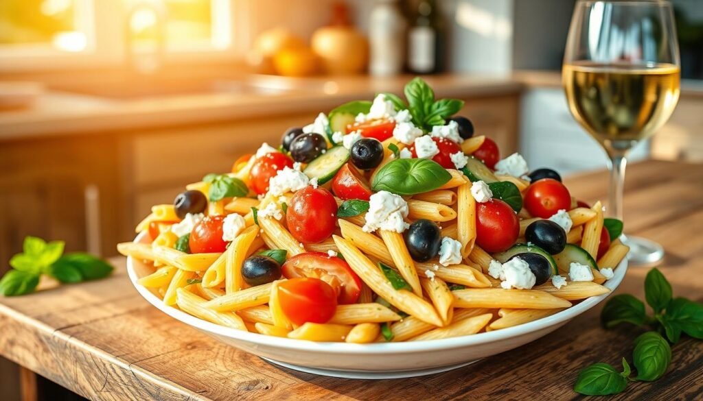 A vibrant Mediterranean pasta salad, freshly tossed in a sun-drenched kitchen. Penne noodles coated in a creamy garlic-herb dressing, dotted with juicy cherry tomatoes, crisp cucumber slices, and briny kalamata olives. Crumbled feta cheese and fragrant basil leaves add pops of color and flavor. Soft, golden lighting illuminates the scene, capturing the casual elegance of this crowd-pleasing dish. The salad is arranged on a rustic wooden table, its textures and colors inviting the viewer to dive in. A chilled glass of white wine sits nearby, completing the Mediterranean al fresco atmosphere.
