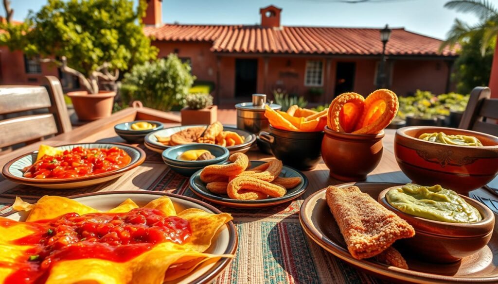 A vibrant Mexican breakfast scene, captured in warm, natural lighting. In the foreground, a spread of authentic regional dishes - steaming chilaquiles with salsa roja, fragrant huevos rancheros, and crisp, golden churros dusted with cinnamon sugar. The middle ground features a hand-woven table runner, colorful ceramic plates, and a clay molcajete filled with fresh guacamole. In the background, a view of a rustic adobe hacienda, its terracotta roof tiles glowing under the morning sun. The overall atmosphere exudes the comforting aromas and vibrant flavors of a traditional Mexican breakfast, inviting the viewer to imagine sitting at this table, savoring each bite. A vibrant Mexican breakfast scene, captured in warm, natural lighting. In the foreground, a spread of authentic regional dishes - steaming chilaquiles with salsa roja, fragrant huevos rancheros, and crisp, golden churros dusted with cinnamon sugar. The middle ground features a hand-woven table runner, colorful ceramic plates, and a clay molcajete filled with fresh guacamole. In the background, a view of a rustic adobe hacienda, its terracotta roof tiles glowing under the morning sun. The overall atmosphere exudes the comforting aromas and vibrant flavors of a traditional Mexican breakfast, inviting the viewer to imagine sitting at this table, savoring each bite.