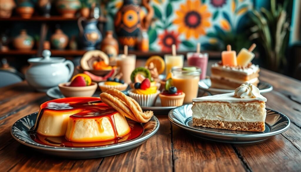 A vibrant Mexican-inspired dessert spread laid out on a rustic wooden table, illuminated by warm, soft lighting. In the foreground, a luscious flan with a caramelized top, alongside a decadent chocolate-drizzled churro and a slice of creamy tres leches cake. In the middle ground, a selection of colorful fruit tarts and chilled, refreshing paletas. In the background, hints of traditional Mexican pottery, textiles, and a vibrant, abstract mural. The scene evokes a sense of cultural fusion, where classic Mexican flavors are delicately adapted to appeal to American tastes, creating a harmonious and visually appetizing display.