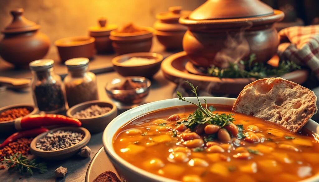 A vibrant Middle Eastern soup scene, shot in warm, golden lighting. In the foreground, a steaming bowl of thick, hearty bean soup, garnished with fragrant herbs, toasted pita, and a drizzle of olive oil. In the middle ground, an assortment of authentic spices and condiments - cumin, coriander, sumac, and vibrant red chili peppers. In the background, a rustic kitchen counter with a clay tagine pot, a collection of earthenware bowls, and a hand-woven textile adding texture. The overall atmosphere is cozy, inviting, and evocative of the rich culinary traditions of the Middle East.