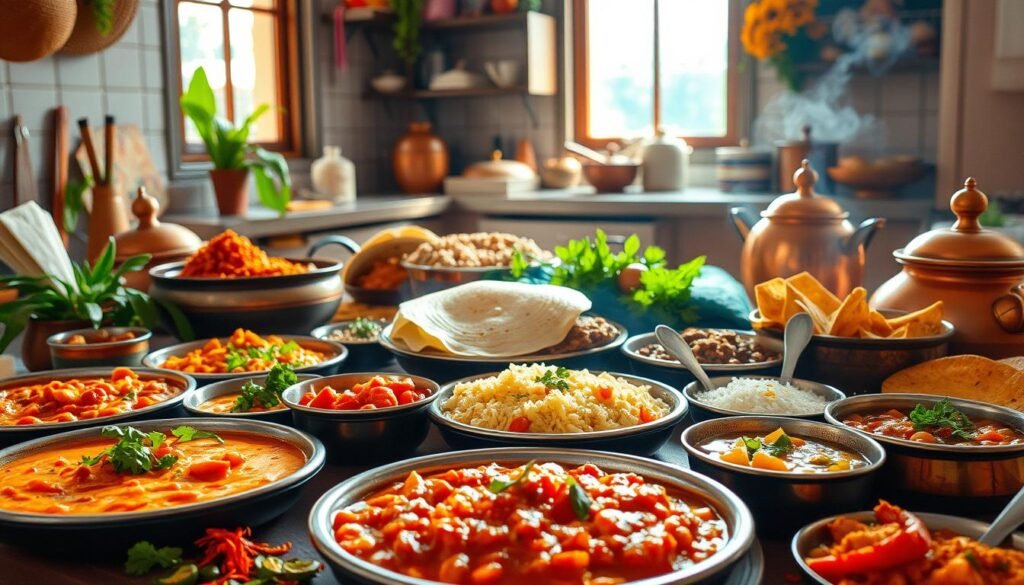 A vibrant South Indian vegetarian feast, captured in a warm, inviting scene. In the foreground, an array of traditional dishes - fragrant curries, steaming lentil stews, crisp dosas, and fluffy idli. Surrounded by a middle ground of colorful spices, freshly chopped herbs, and polished copper cookware. The background reveals a cozy kitchen, with sunlight streaming through an open window, casting a gentle glow across the scene. Subtle textures and detailed brushstrokes bring this authentic South Indian culinary experience to life.