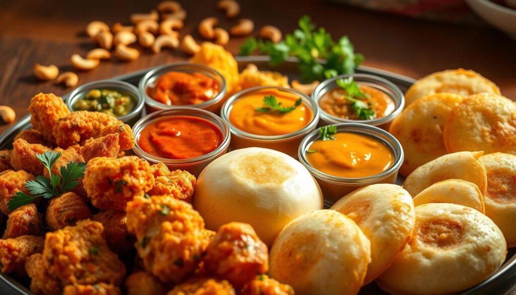 A vibrant and appetizing arrangement of traditional Indian breakfast snacks and sides, artfully captured in a high-resolution, beautifully lit image. In the foreground, an array of savory and flavorful veg treats - crisp vegetable pakoras, golden-fried samosas, and steaming-hot idli cakes. In the middle ground, colorful chutneys and dips in small bowls, adding tangy and spicy accents. The background features a scattering of roasted cashews, toasted curry leaves, and a few fresh coriander sprigs, creating a rustic, homemade ambiance. Warm, natural lighting casts a soft glow, highlighting the textures and hues of this delectable Indian breakfast spread.