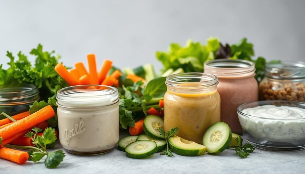 A vibrant and appetizing arrangement of various healthy dressings and dips, captured in a soft, natural lighting setting. In the foreground, an array of glass jars and bowls filled with creamy hummus, zesty tzatziki, tangy vinaigrette, and rich avocado dip, each with its own distinct color and texture. The middle ground features an assortment of fresh vegetables, such as crisp carrots, crunchy cucumber slices, and leafy greens, ready to be dipped and dressed. The background blends a minimalist, neutral-toned setting, allowing the vibrant colors and textures of the dressings and dips to take center stage. The overall image conveys a sense of freshness, flavor, and a balanced, nutritious approach to lunchtime.