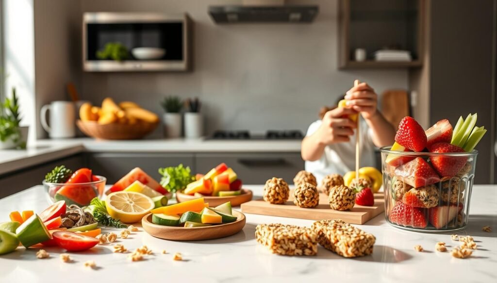 A vibrant and appetizing arrangement of various quick snack recipes, showcased on a sleek, modern kitchen countertop. The foreground features an assortment of fresh, healthy ingredients such as sliced fruits, crunchy vegetables, and nutty granola bars, all artfully presented. The middle ground captures the preparation process, with hands carefully assembling easy-to-make snacks like colorful fruit skewers and energy bites. In the background, a softly-lit, minimalist kitchen setting provides a clean, inviting atmosphere, emphasizing the simplicity and convenience of these quick and nourishing snack options. Warm, natural lighting casts a subtle glow, enhancing the visual appeal and enticing the viewer to indulge in these tempting, time-saving treats. A vibrant and appetizing arrangement of various quick snack recipes, showcased on a sleek, modern kitchen countertop. The foreground features an assortment of fresh, healthy ingredients such as sliced fruits, crunchy vegetables, and nutty granola bars, all artfully presented. The middle ground captures the preparation process, with hands carefully assembling easy-to-make snacks like colorful fruit skewers and energy bites. In the background, a softly-lit, minimalist kitchen setting provides a clean, inviting atmosphere, emphasizing the simplicity and convenience of these quick and nourishing snack options. Warm, natural lighting casts a subtle glow, enhancing the visual appeal and enticing the viewer to indulge in these tempting, time-saving treats.