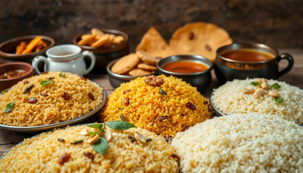 A vibrant and appetizing display of various poha (flattened rice) preparations, set against a backdrop of traditional Indian breakfast elements. In the foreground, an array of poha dishes - from the classic salty and savory poha to the sweet poha upma, garnished with fresh curry leaves, mustard seeds, and peanuts. In the middle ground, complementary items like roasted papads, crisp dosa, and steaming masala chai, captured in soft, diffused lighting that enhances the earthy tones. The background features a rustic, textured surface, perhaps a wooden table or a woven mat, evoking the homely, comforting atmosphere of an Indian kitchen. The overall composition conveys the richness and diversity of classic Indian breakfast fare.