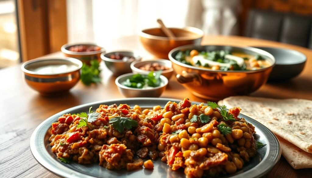 A vibrant and appetizing high protein Indian vegetarian breakfast scene. In the foreground, a stainless steel plate holds a savory lentil and vegetable curry, garnished with fresh coriander leaves. Beside it, a stack of soft, fluffy whole wheat flatbreads. In the middle ground, a copper serving bowl overflows with a fragrant chickpea and spinach stew, steam rising gently. Behind, a wooden table is set with small bowls of condiments - tangy pickle, cooling raita, and aromatic spices. Bright natural lighting streams in through a nearby window, creating a warm, inviting atmosphere. The scene is captured with a neutral, documentary-style lens, emphasizing the nourishing simplicity of this healthy, protein-packed Indian breakfast.