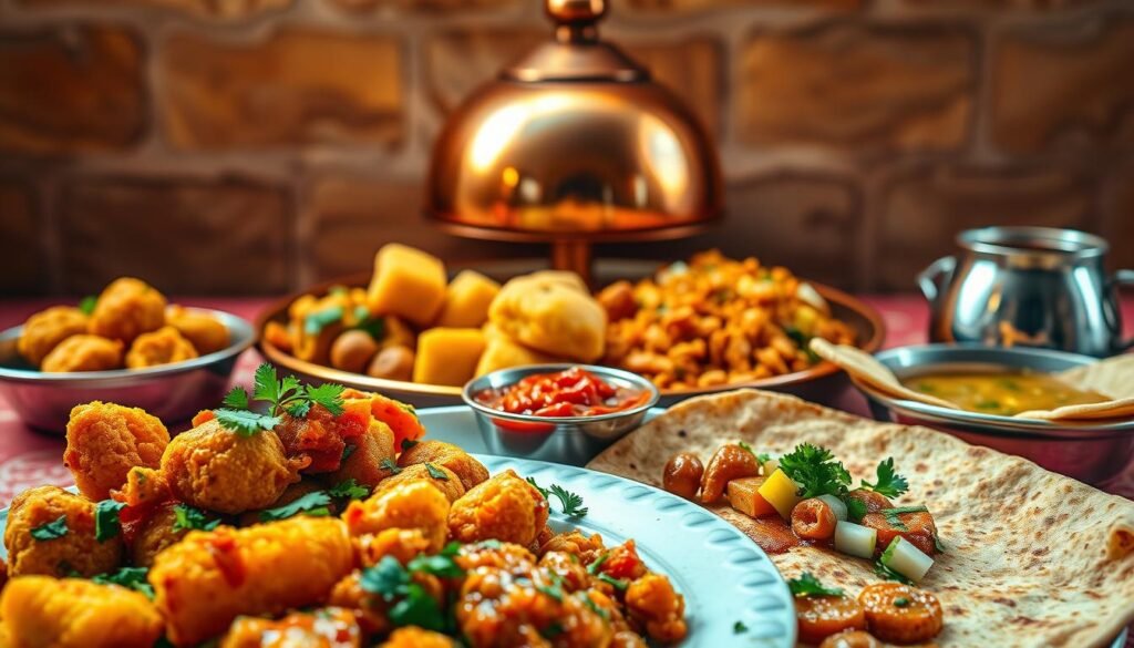 A vibrant and appetizing scene of a traditional North Indian vegetarian breakfast spread. In the foreground, a large plate features an array of flavorful dishes - golden-fried vegetable pakoras, fragrant lentil dosas, spiced vegetable curries, and freshly baked whole-wheat parathas. Garnished with chopped coriander, served with a side of tangy tamarind chutney. The middle ground showcases a copper or brass thali, the quintessential Indian serving vessel, gleaming under warm, natural lighting. In the background, a textured wall in earthy tones creates a cozy, homely ambiance. The overall composition evokes a sense of nourishment, comfort, and the rich culinary heritage of North India.