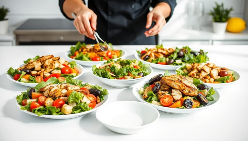 A vibrant and appetizing spread of various dinner salad recipes, presented as main course dishes. The foreground features a selection of freshly prepared salads, showcasing diverse ingredients such as crisp greens, juicy tomatoes, protein-rich grilled chicken, and colorful roasted vegetables. The mid-ground highlights the preparation process, with chef's hands tossing the salads and arranging the components with care. In the background, a minimalist kitchen setting with clean white surfaces and natural lighting creates a sleek, contemporary atmosphere. The overall mood is one of culinary sophistication, inviting the viewer to envision these salads as satisfying, main course-worthy meals.