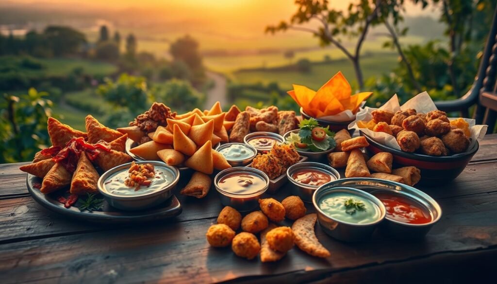 A vibrant and aromatic collection of authentic Indian snacks, artfully arranged on a rustic wooden table. The foreground features an assortment of spicy samosas, crispy pakoras, and fragrant bhajias, their vibrant colors and intricate textures beckoning the viewer. In the middle ground, small bowls of tamarind chutney, mint yogurt, and spicy chutneys add depth and contrast. The background showcases a lush, verdant landscape with a warm, golden-hour lighting, creating a sense of warmth and tradition. The scene is captured with a wide-angle lens, emphasizing the depth and variety of the spread, inviting the viewer to indulge in the bold and flavorful delights of Indian snack culture.