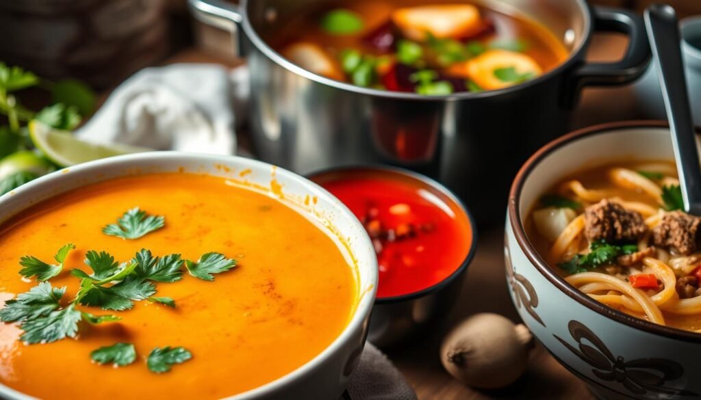 A vibrant and aromatic display of exotic winter soups from around the world. In the foreground, a steaming bowl of spicy Thai coconut curry soup, garnished with fresh cilantro and lime wedges. In the middle ground, a hearty Russian borscht with roasted beets and a swirl of sour cream. In the background, a simmering pot of Vietnamese pho, filled with tender beef, rice noodles, and a medley of fragrant herbs. The scene is lit by a warm, soft light, creating an inviting and cozy atmosphere, perfect for a chilly winter day. The composition highlights the diverse flavors and cultural influences that come together in this mouthwatering selection of international soup recipes.