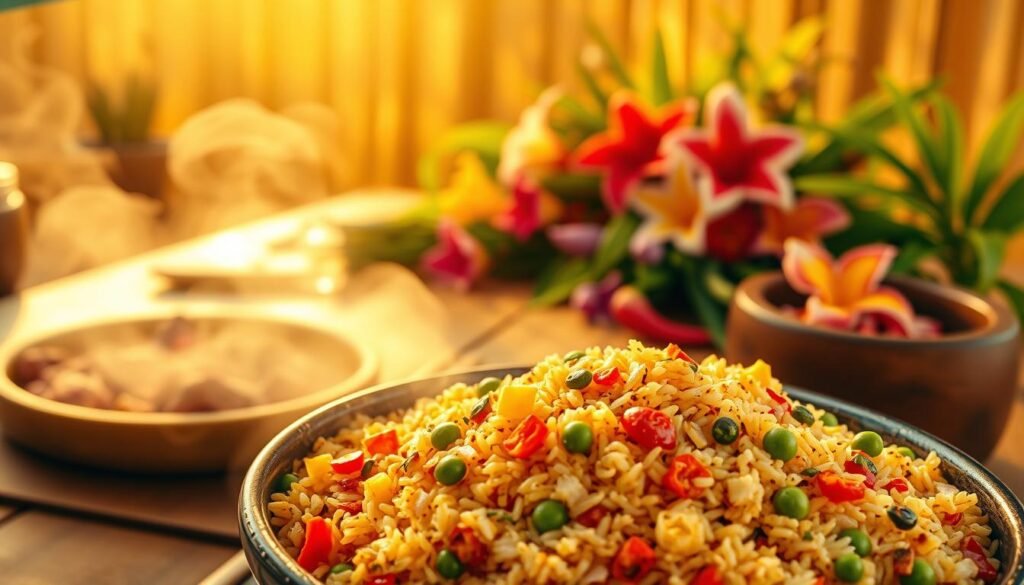 A vibrant and aromatic scene of a Caribbean festive rice dish. In the foreground, a steaming bowl of rice, seasoned with a blend of fragrant spices, herbs, and vegetables. Colorful peppers, onions, and peas add pops of color and texture. The middle ground features a wooden table, adorned with tropical flowers and lush greenery, creating a lush, celebratory atmosphere. In the background, a warm, golden-hued lighting casts a soft glow, evoking the sun-drenched island setting. The overall mood is one of cultural richness, culinary delight, and community gathering.