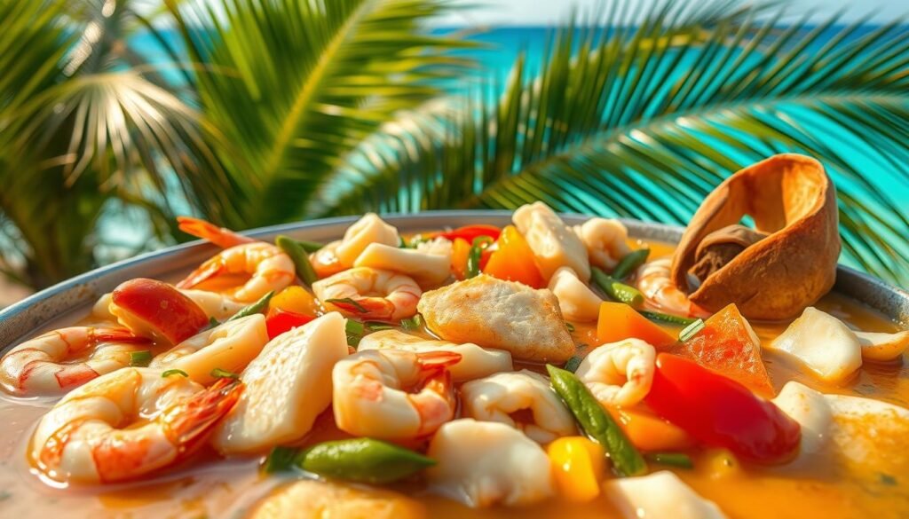 A vibrant and aromatic seafood rundown, simmering in a rich coconut milk broth, surrounded by a vibrant tropical landscape. In the foreground, plump shrimp, tender fish fillets, and tender conch simmered to perfection. In the middle ground, a medley of colorful vegetables - vibrant okra, sweet bell peppers, and fragrant chives - adding depth and texture. The background features lush palm fronds swaying gently in the warm Caribbean breeze, with a glimpse of a stunning azure ocean horizon. Warm, golden lighting bathes the scene, creating a inviting and mouthwatering atmosphere. Shot with a wide-angle lens to capture the full splendor of this tropical seafood delight.